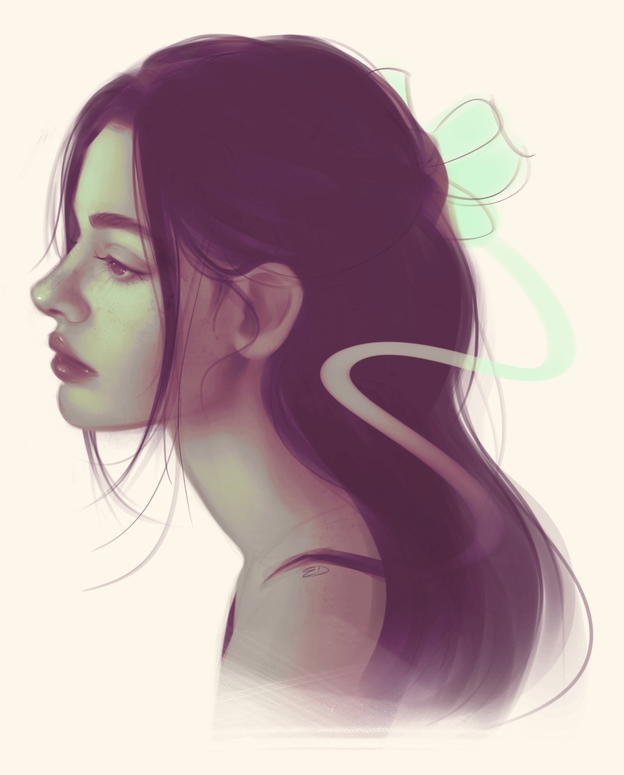 Portrait de profil aux cheveux longs